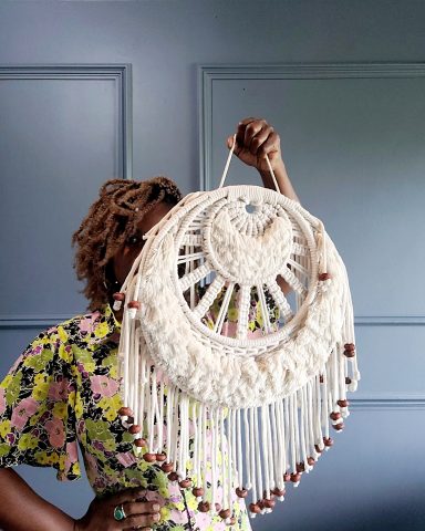 macrame wall hanger, fiber art design, tapestry with beads