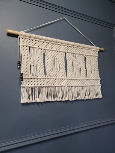 macrame home wall hanger, hand knotted fiber display for your walls, ideal for a bedroom, living room or hallway, adding texture and warmth